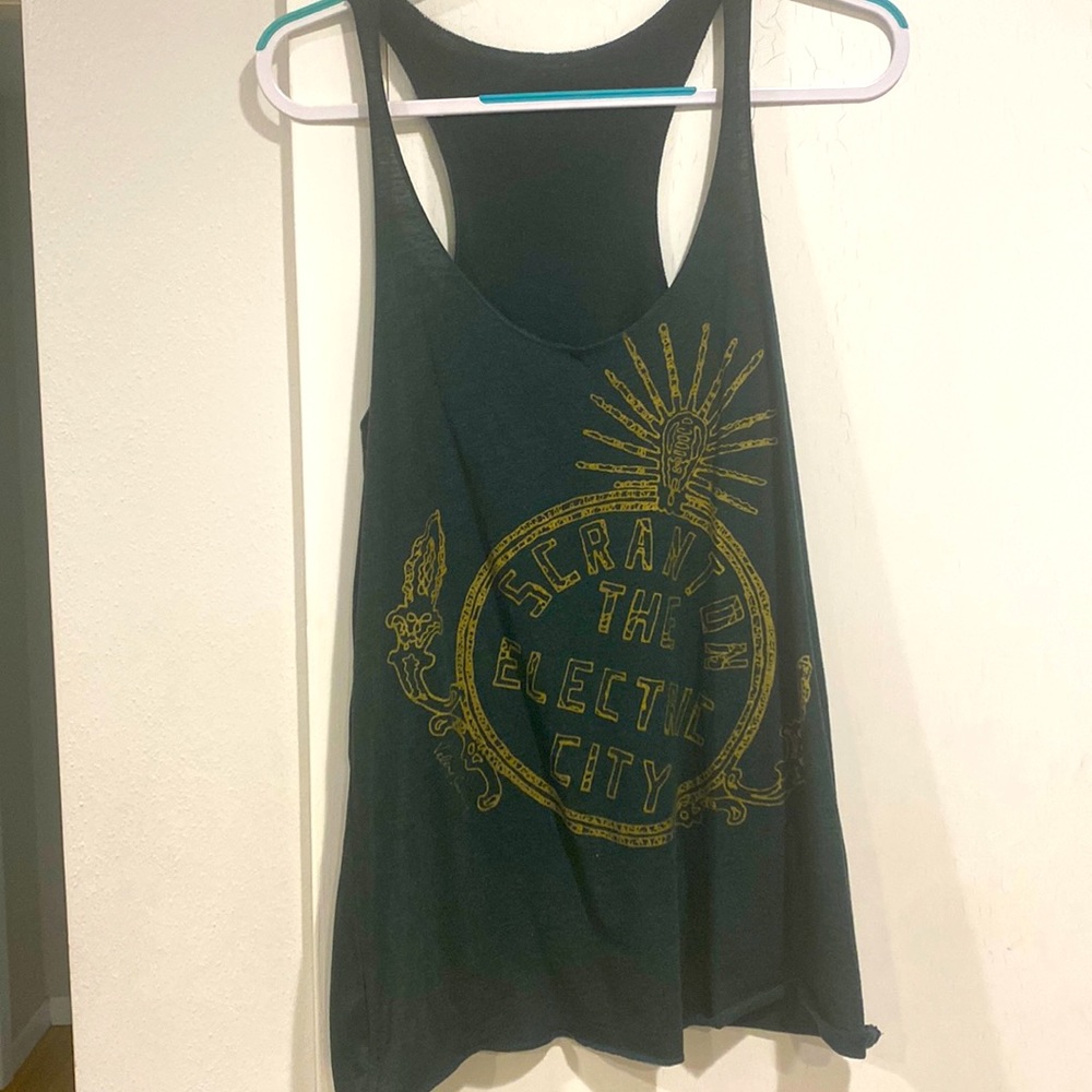 Forest green “Scranton the Electric City” tank top with gold detailing. Size XL